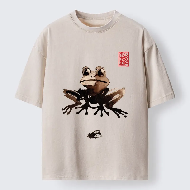 Tokyo-Tiger Ink Wash Frog And Its Tiny Prey Washed T-Shirt Sale