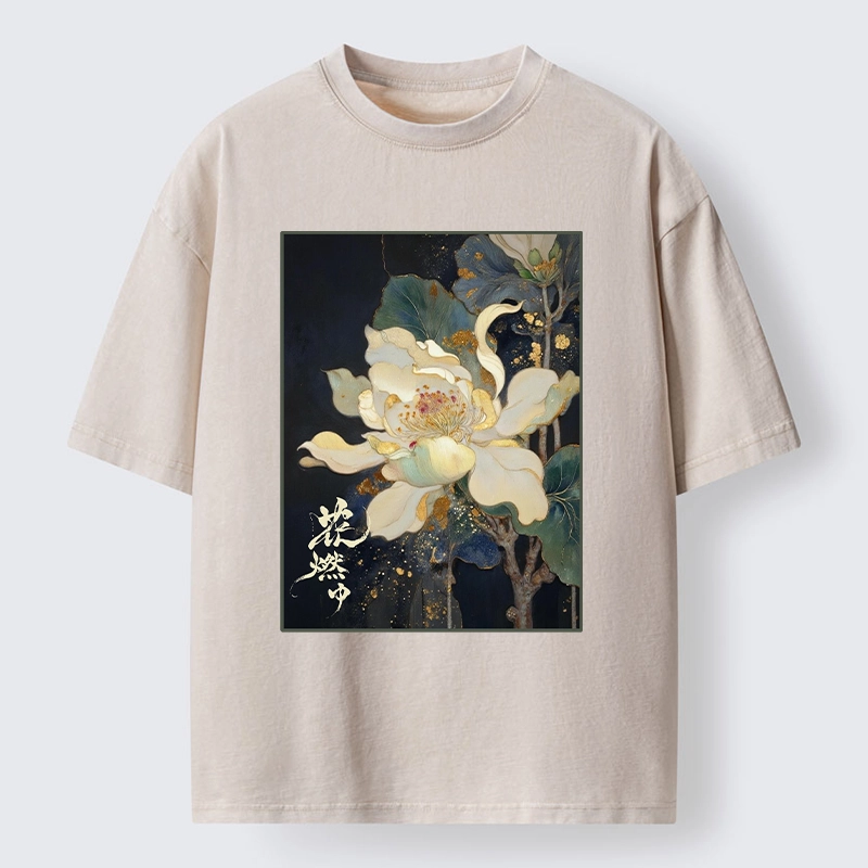 Tokyo-Tiger Lotus Adorned With Golden Specks Washed T-Shirt