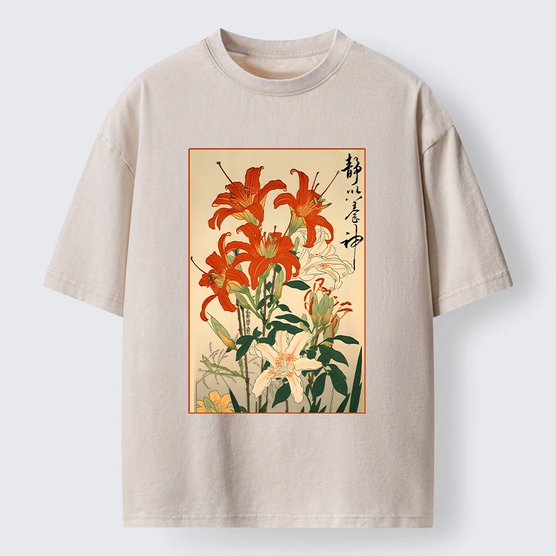 Tokyo-Tiger Vibrant Red And White Lilies Washed T-Shirt