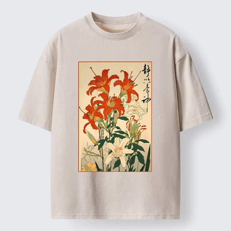 Tokyo-Tiger Vibrant Red And White Lilies Washed T-Shirt Sale