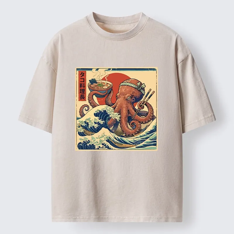 Tokyo-Tiger Ukiyo-E Octopus Ramen Master Washed T-Shirt