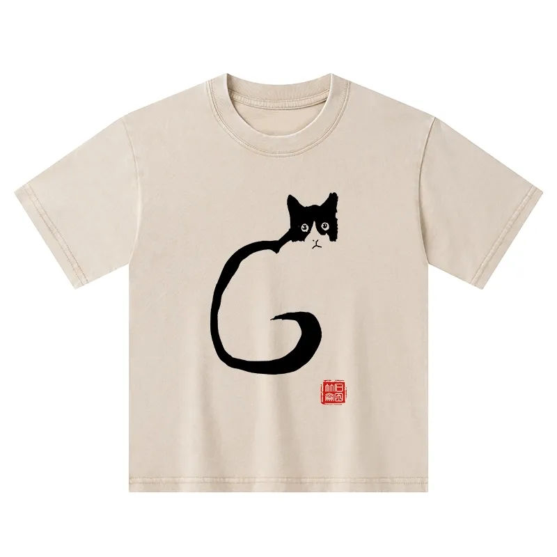 Tokyo-Tiger Calm Cat In Simple Lines Kids Washed T-Shirt
