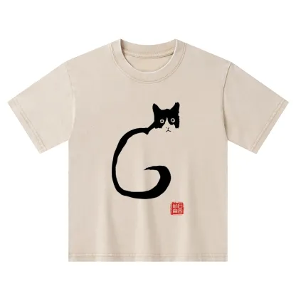 Tokyo-Tiger Calm Cat In Simple Lines Kids Washed T-Shirt