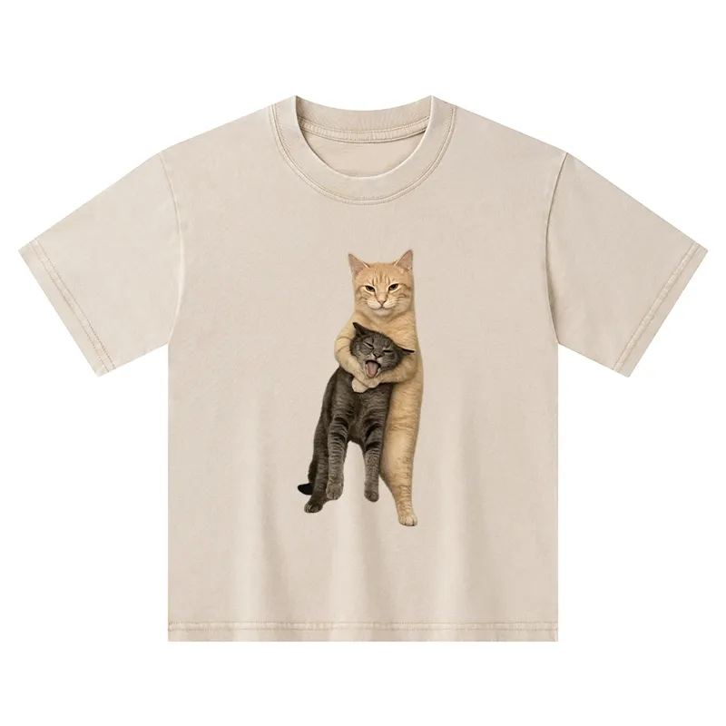 Tokyo-Tiger Orange Cat’s Tight Embrace Kids Washed T-Shirt