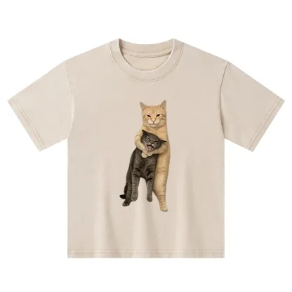 Tokyo-Tiger Orange Cat’s Tight Embrace Kids Washed T-Shirt