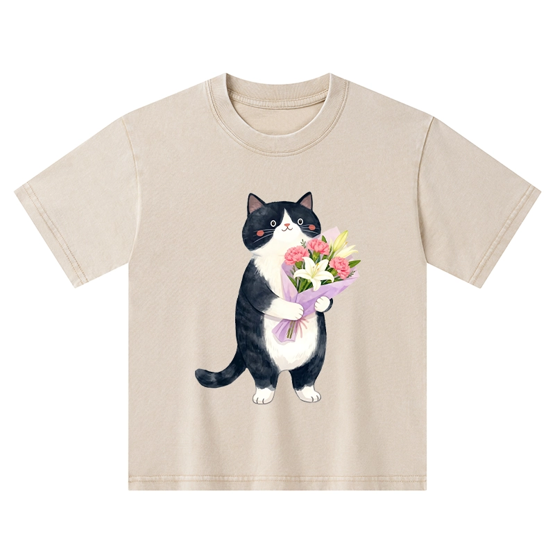Tokyo-Tiger Sweet Cat Delivers Flowers Kids Washed T-Shirt