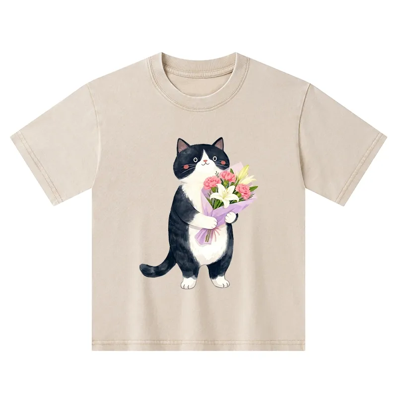 Tokyo-Tiger Sweet Cat Delivers Flowers Kids Washed T-Shirt Sale