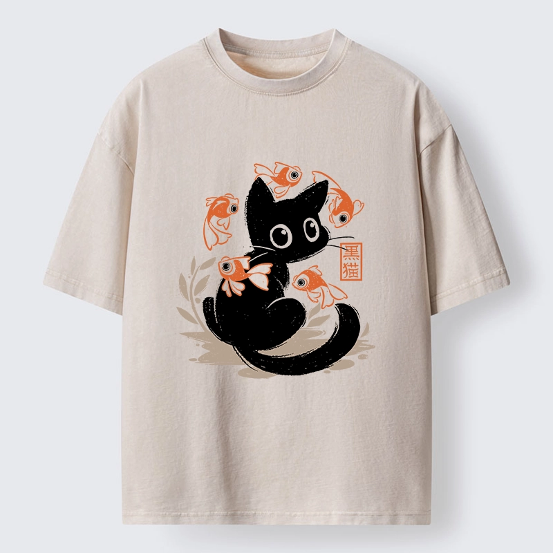 Tokyo-Tiger Curious Black Cat Among Fish Washed T-Shirt