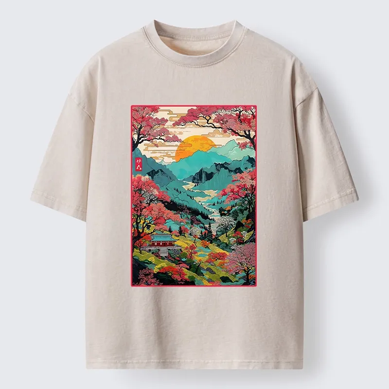 Tokyo-Tiger Golden Sun Over Serene Valley Washed T-Shirt