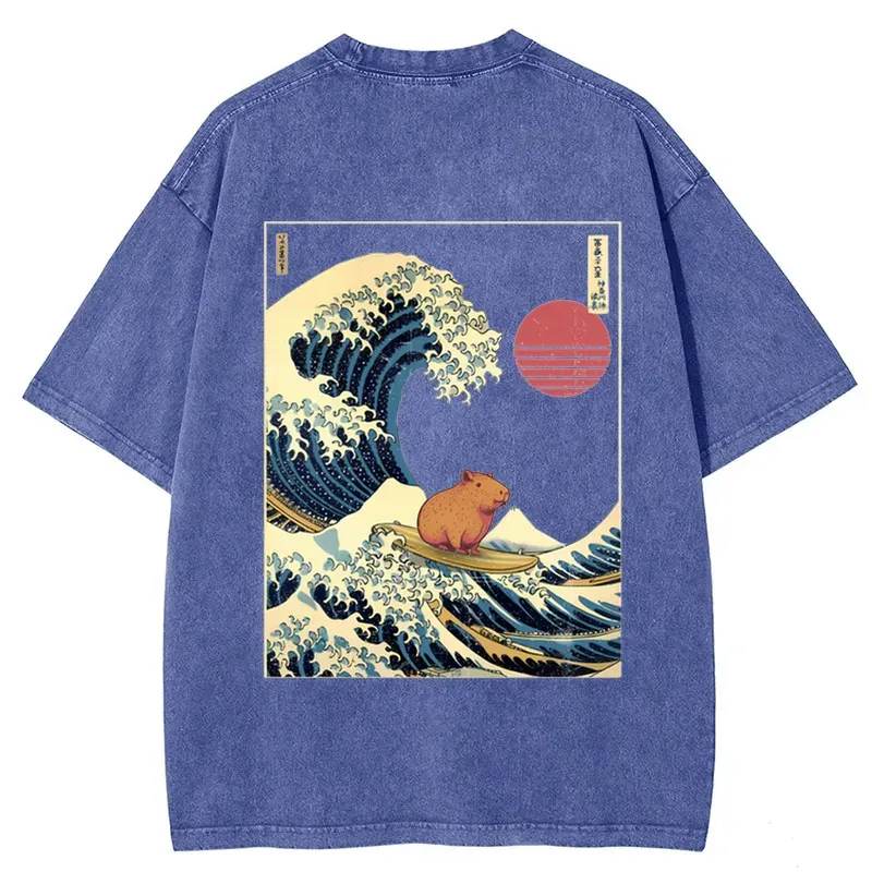Tokyo-Tiger Capybara Surfing Back Washed T-Shirt