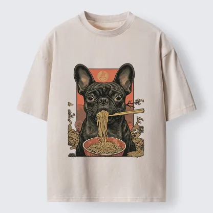 Tokyo-Tiger Vintage Style Dog & Ramen Art Washed T-Shirt