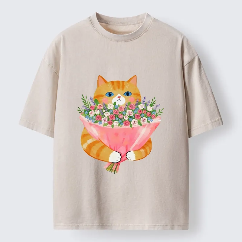 Tokyo-Tiger Cozy Cat Offering A Bouquet Washed T-Shirt Sale