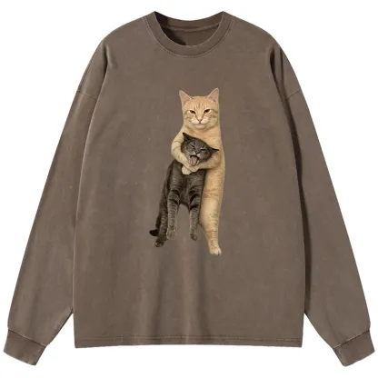Tokyo-Tiger Orange Cat’s Tight Embrace Washed Long Sleeve T-Shirt