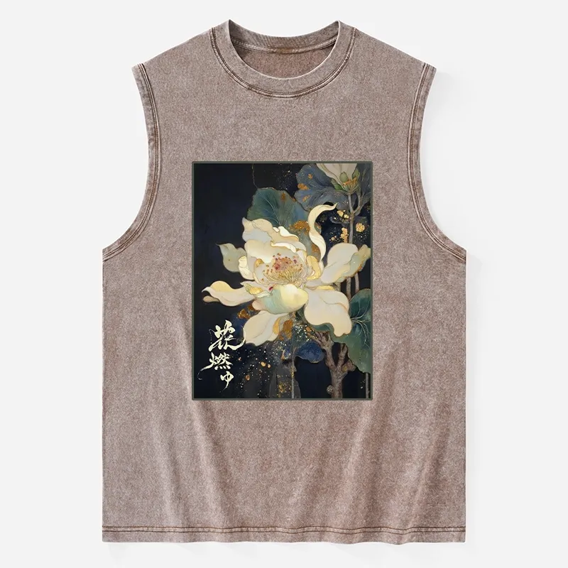 Tokyo-Tiger Lotus Adorned With Golden Specks Washed Tank