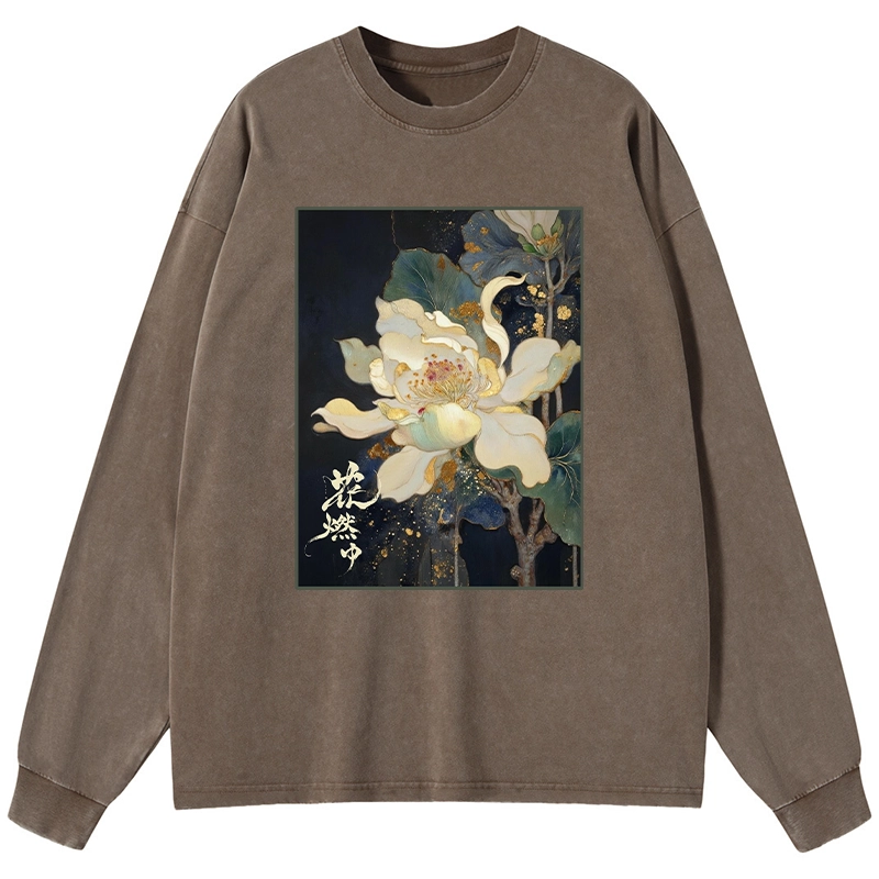 Tokyo-Tiger Lotus Adorned With Golden Specks Washed Long Sleeve T-Shirt
