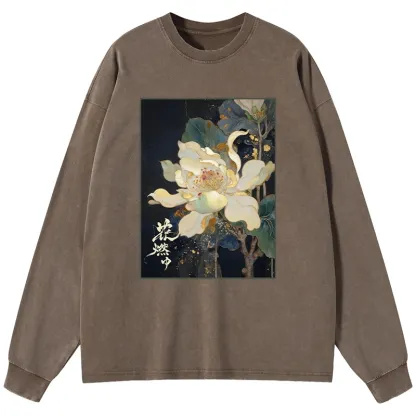 Tokyo-Tiger Lotus Adorned With Golden Specks Washed Long Sleeve T-Shirt