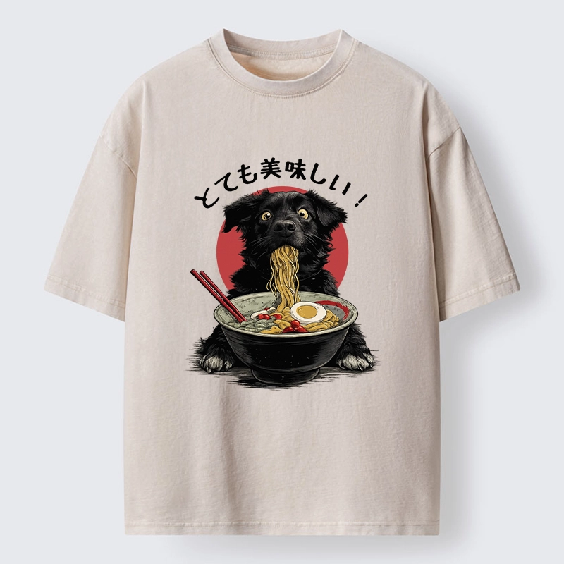 Tokyo-Tiger Dog Eating Ramen Joyfully Washed T-Shirt