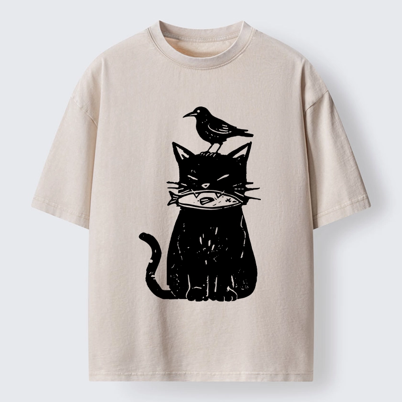 Tokyo-Tiger Black Cat With Fish And Bird Washed T-Shirt