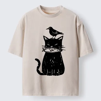 Tokyo-Tiger Black Cat With Fish And Bird Washed T-Shirt