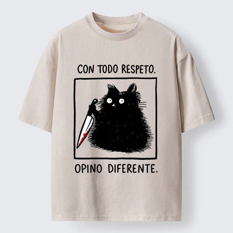 Tokyo-Tiger Black Cat Holds Knife Disagrees Washed T-Shirt Sale