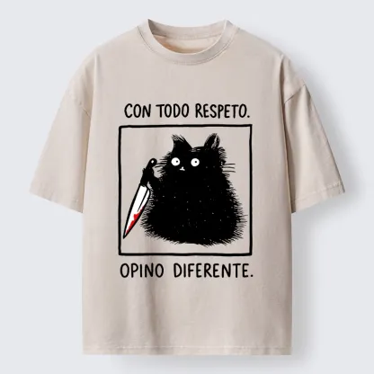 Tokyo-Tiger Black Cat Holds Knife Disagrees Washed T-Shirt