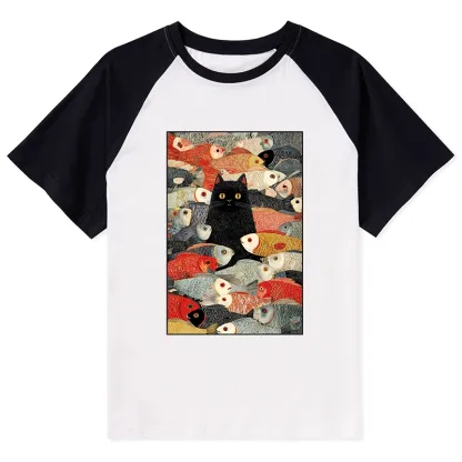 Tokyo-Tiger Cats And Fish Raglan T-shirt