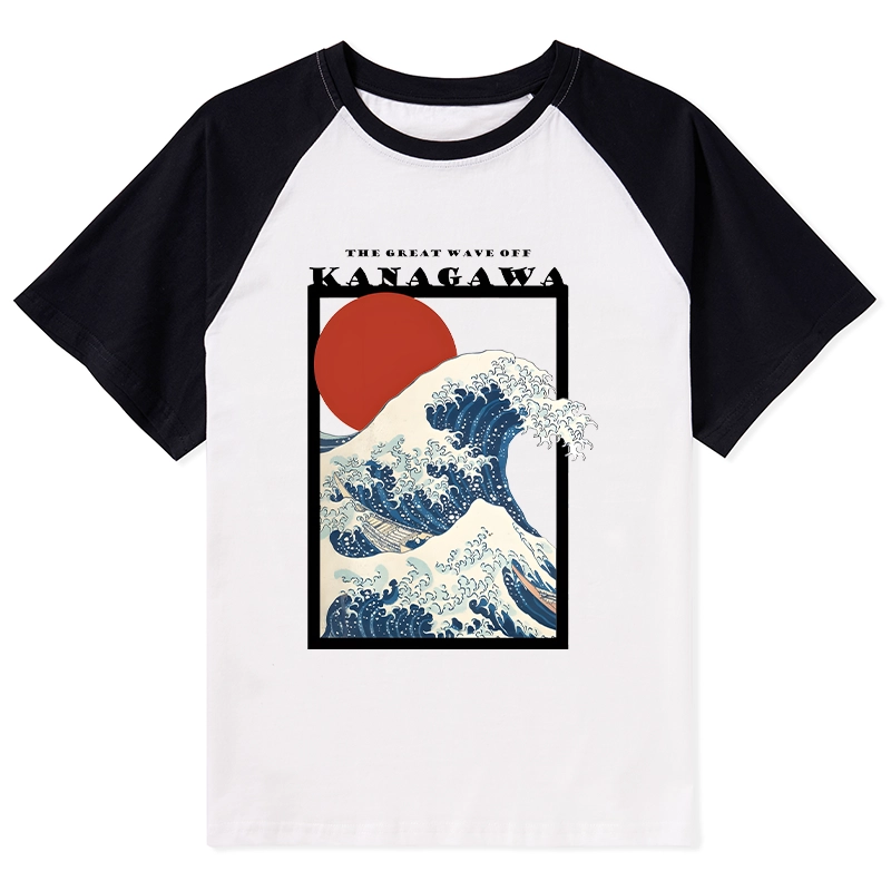 Tokyo-Tiger Minimalist Ukiyo-e Waves Raglan T-shirt