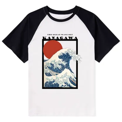 Tokyo-Tiger Minimalist Ukiyo-e Waves Raglan T-shirt