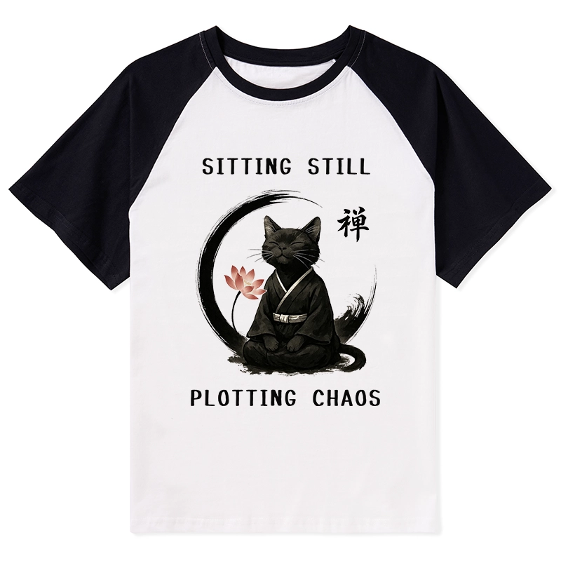 Tokyo-Tiger Sitting Still Plotting Chaos Calming Zen Cat Funny Raglan T-shirt