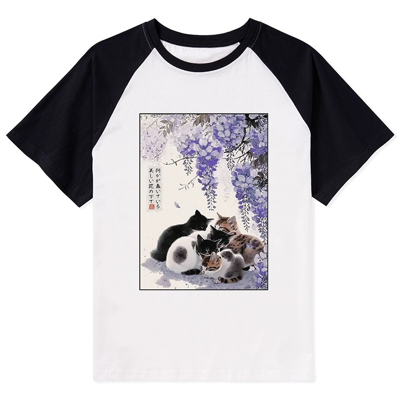 Tokyo-Tiger Cats plotting under the wisteria Raglan T-shirt