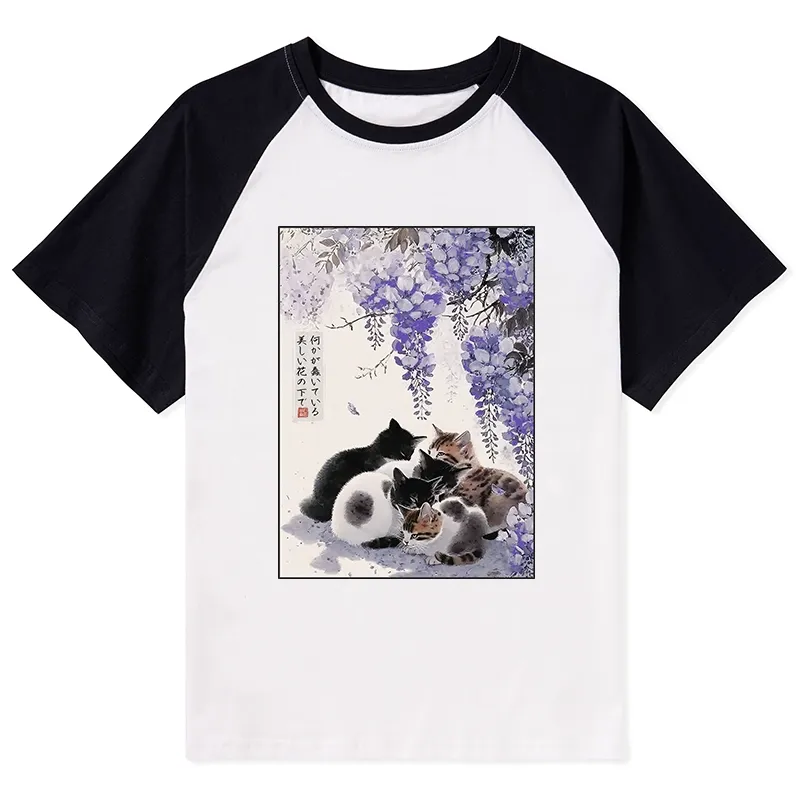 Tokyo-Tiger Cats plotting under the wisteria Raglan T-shirt Sale