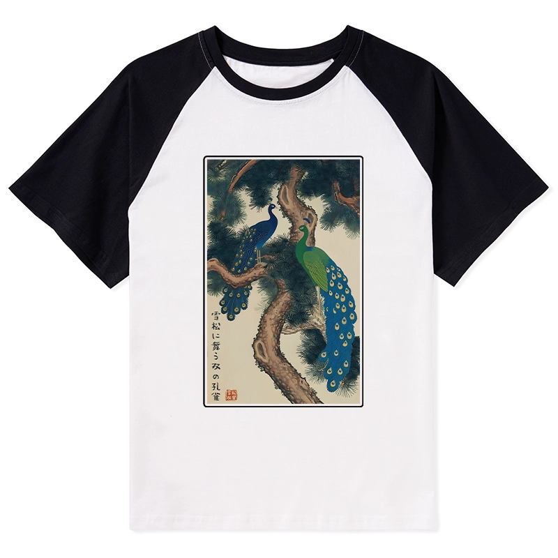 Tokyo-Tiger Peacocks in Snowy Pines Raglan T-shirt