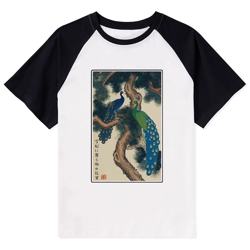Tokyo-Tiger Peacocks in Snowy Pines Raglan T-shirt Sale