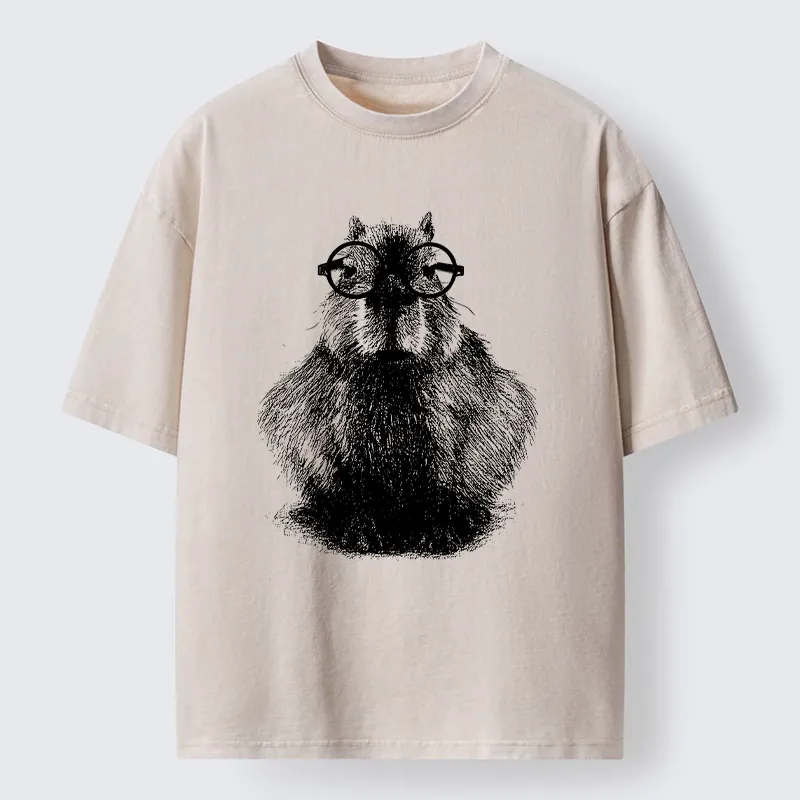 Tokyo-Tiger Smart Capybara With Glasses Washed T-Shirt