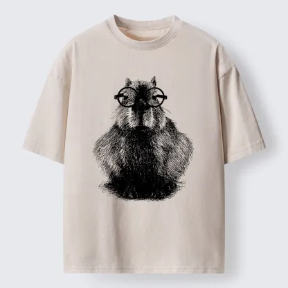 Tokyo-Tiger Smart Capybara With Glasses Washed T-Shirt