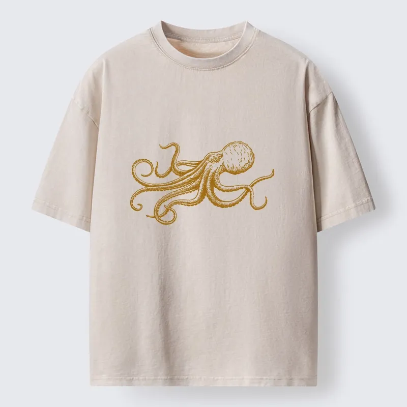 Tokyo-Tiger Vintage Octopus Illustration Art Washed T-Shirt