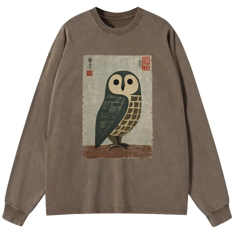 Tokyo-Tiger Traditional Owl In Japanese Art Washed Long Sleeve T-Shirt