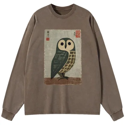 Tokyo-Tiger Traditional Owl In Japanese Art Washed Long Sleeve T-Shirt