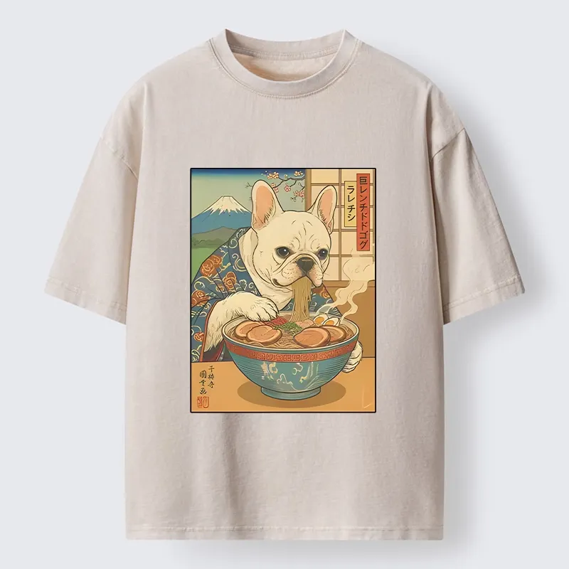 Tokyo-Tiger French Bulldog Ramen Art Washed T-Shirt