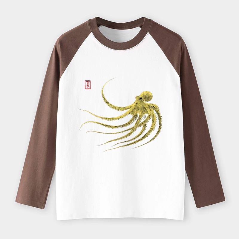 Tokyo-Tiger Retro Octopus Japanese Raglan Long Sleeve T-shirt