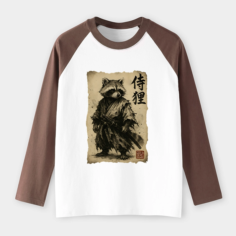 Tokyo-Tiger Retro Raccoon Samurai Raglan Long Sleeve T-shirt