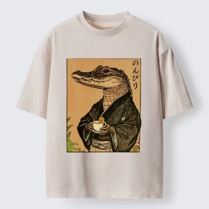 Tokyo-Tiger Alligator In Kimono Drinking Tea Washed T-Shirt