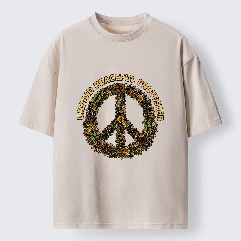 Tokyo-Tiger Vintage Floral Peace Symbol Print Washed T-Shirt