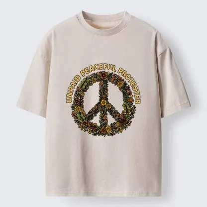 Tokyo-Tiger Vintage Floral Peace Symbol Print Washed T-Shirt