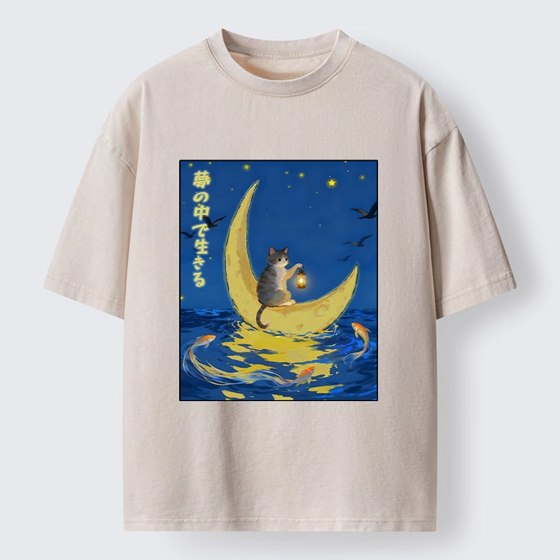 Tokyo-Tiger Cat On Moon Boat Over Sea Washed T-Shirt