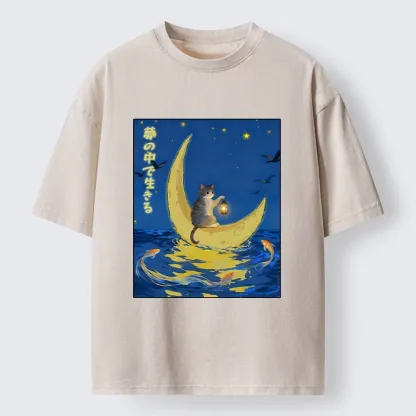 Tokyo-Tiger Cat On Moon Boat Over Sea Washed T-Shirt