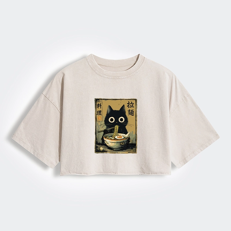 Tokyo-Tiger Cute Black Cat Eating Ramen Japan Women's Washed Crop T-Shirt