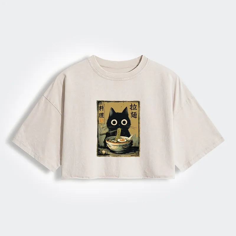 Tokyo-Tiger Cute Black Cat Eating Ramen Japan Women's Washed Crop T-Shirt