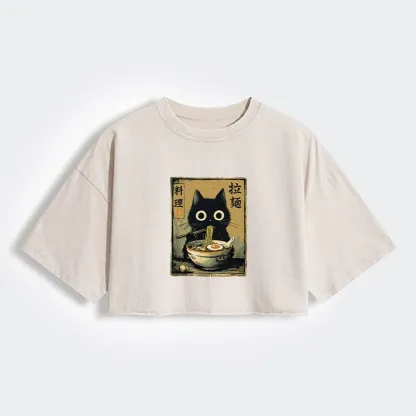 Tokyo-Tiger Cute Black Cat Eating Ramen Japan Women's Washed Crop T-Shirt