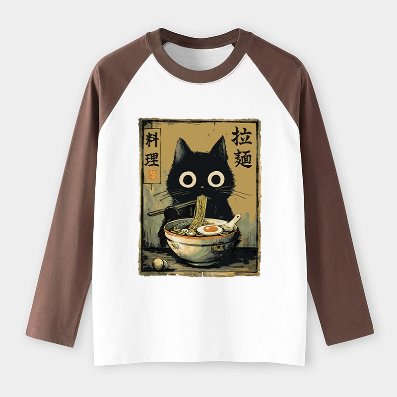 Tokyo-Tiger Cute Black Cat Eating Ramen Japan Raglan Long Sleeve T-shirt